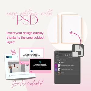 Peut inclure: Image de maquette avec le texte "easy editing with PSD". L'image comprend un tutoriel sur l'utilisation d'une maquette PSD dans Photoshop et Photopea. Guides inclus. La conception peut &ecirc;tre ins&eacute;r&eacute;e rapidement &agrave; l'aide du calque d'objet intelligent.