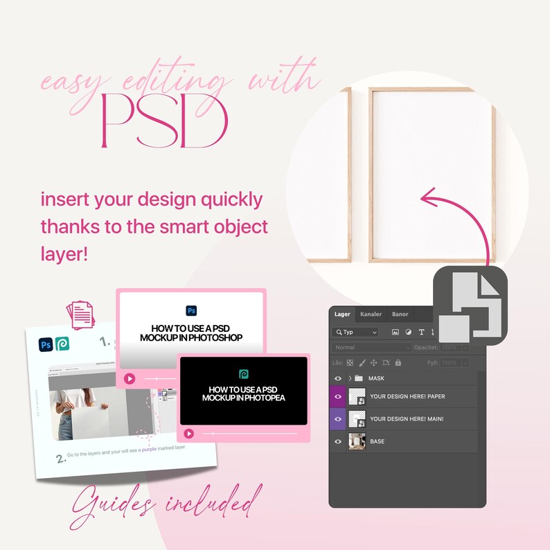 Peut inclure: Image de maquette avec le texte "easy editing with PSD". L'image comprend un tutoriel sur l'utilisation d'une maquette PSD dans Photoshop et Photopea. Guides inclus. La conception peut &ecirc;tre ins&eacute;r&eacute;e rapidement &agrave; l'aide du calque d'objet intelligent.