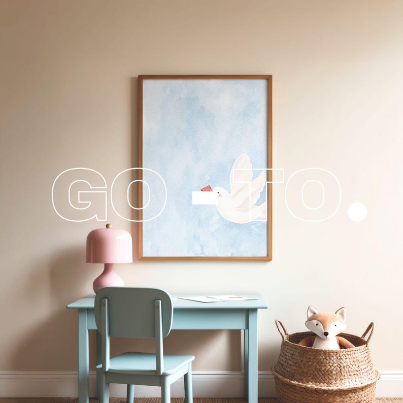 May include: A light blue desk with a pink lamp and a framed watercolor painting of a white bird flying in a blue sky. A wicker basket with a stuffed fox toy sits on the floor next to the desk.
