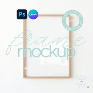 Op de afbeelding: Een houten frame mockup op een witte achtergrond. Het frame is leeg en klaar voor uw ontwerp. De tekst "Frame Mockup" is in lichtblauw onder het frame geschreven.