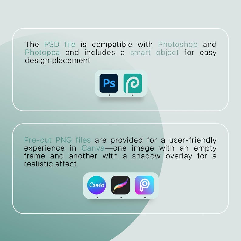 K&ouml;nnte beinhalten: Illustration, die die Kompatibilit&auml;t einer PSD-Datei mit den Programmen Photoshop und Photopea zeigt. Die PSD-Datei enth&auml;lt ein Smart Object f&uuml;r eine einfache Platzierung des Designs. Voreingestellte PNG-Dateien werden f&uuml;r eine benutzerfreundliche Erfahrung in Canva bereitgestellt, mit einem Bild, das einen leeren Rahmen zeigt, und einem anderen mit einem Schatten-Overlay f&uuml;r einen realistischen Effekt.