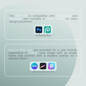 May include: Image featuring the logos for Photoshop, Photopea, Canva, and Procreate. Text indicates PSD files are compatible with Photoshop and Photopea, and PNG files are provided for Canva with shadow overlays.