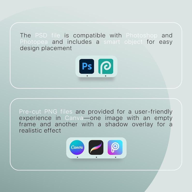 May include: Image featuring the logos for Photoshop, Photopea, Canva, and Procreate. Text indicates PSD files are compatible with Photoshop and Photopea, and PNG files are provided for Canva with shadow overlays.