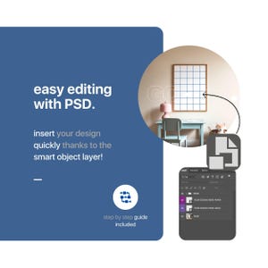 May include: A mockup of a framed poster in a room with a desk and chair. The poster is a grid of squares and can be customized with your own design. The image shows how to use a smart object layer in Photoshop to easily edit the poster.