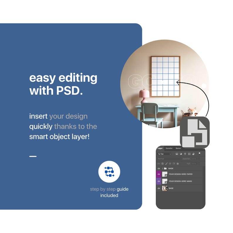 May include: A mockup of a framed poster in a room with a desk and chair. The poster is a grid of squares and can be customized with your own design. The image shows how to use a smart object layer in Photoshop to easily edit the poster.