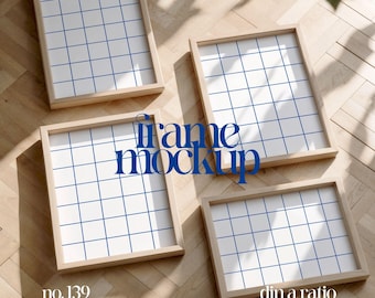 Vier Rahmen Mockup PSD, Din A Rahmen Galerie Mockup, Flatlay Mockup Rahmenvorlage für Wandkunst, Set mit 4 Rahmen Mockup, 4 Rahmen Mockup Set