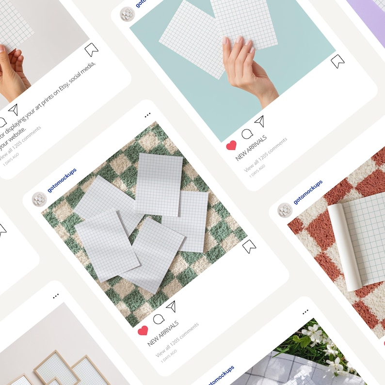 Peut inclure: Images de maquettes d'impressions d'art sur les r&eacute;seaux sociaux. Les images pr&eacute;sentent du papier quadrill&eacute;, des mains et divers arri&egrave;re-plans, dont un tapis &agrave; carreaux verts et blancs et un tapis &agrave; motifs rouges et blancs. Le texte "NEW ARRIVALS" est visible.
