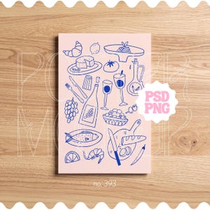 May include: A pink illustration with blue line art of food items such as a croissant, cheese, wine, grapes, and a fish. The image includes the text "PSD PNG" and the number "no. 393".