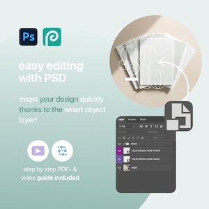 May include: A digital design mockup with the Adobe Photoshop and Procreate logos. The image highlights easy editing with PSD, smart object layers, and includes step-by-step PDF and video guides. A mockup of paper is also shown.