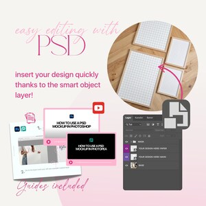 Op de afbeelding: Een mockup-ontwerp presentatie met de tekst "easy editing with PSD". De afbeelding toont een tutorial met gidsen en video tutorials over het gebruik van een PSD mockup in Photoshop en Photopea. Er zijn ook ingelijste rasterpapier mockups.