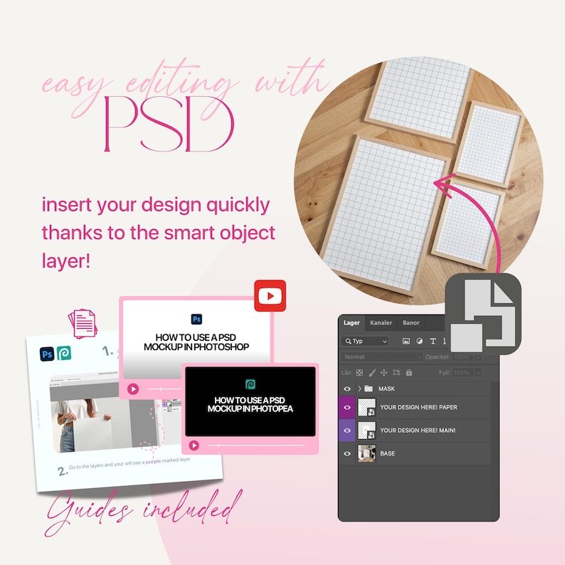 Op de afbeelding: Een mockup-ontwerp presentatie met de tekst "easy editing with PSD". De afbeelding toont een tutorial met gidsen en video tutorials over het gebruik van een PSD mockup in Photoshop en Photopea. Er zijn ook ingelijste rasterpapier mockups.