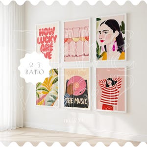 May include: A set of six framed illustrations with a white background and colourful designs. The illustrations include a woman with pink earrings, a hand turning a record player, a tropical plant, and three glasses of wine. The text "How lucky are we" and "Turn on the music" are included in the illustrations.