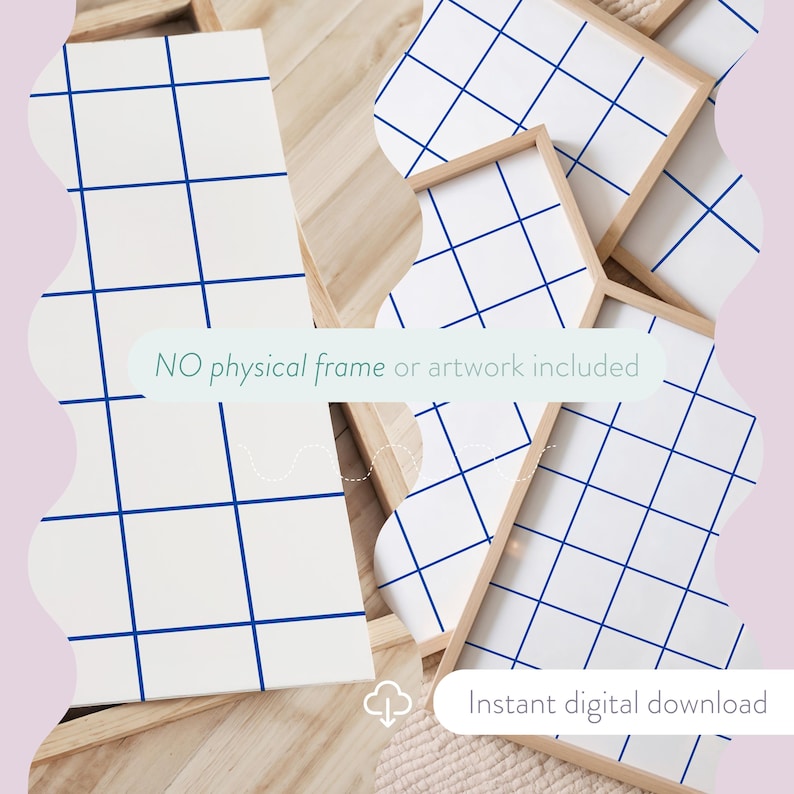 Op de afbeelding: Wit kunstwerk met een blauw rasterpatroon en houten frames. De afbeelding bevat de tekst "GEEN fysiek frame of kunstwerk inbegrepen" en "Directe digitale download". Het kunstwerk wordt gepresenteerd op een lichtbruin oppervlak.