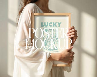 Din A Frame Mockup With Person, Woman With Frame Mockup For Wall Art, Thin Wood Frame Mockup Template, Wall Art Frame Mockup, PSD & JPG