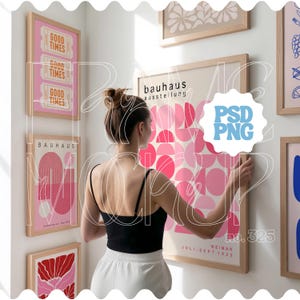 Gallery wall frame mockup with person, Art gallery mockup PSD