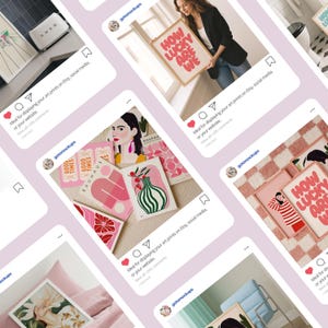 May include: A collection of art prints displayed on mockups, showcasing various designs. The prints feature text like "How Lucky Are We" and other graphic illustrations in pink and green. The mockups are presented on a light purple background.