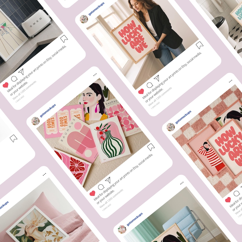May include: A collection of art prints displayed on mockups, showcasing various designs. The prints feature text like "How Lucky Are We" and other graphic illustrations in pink and green. The mockups are presented on a light purple background.