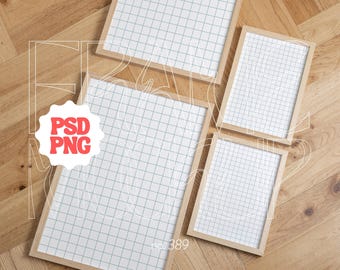 May include: Four framed prints with a grid pattern on a white background. The frames are made of light-colored wood. The prints are arranged on a wooden floor. The text "PSD PNG" is visible on the image.