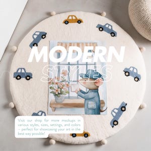 May include: A white round rug with embroidered blue cars and a yellow car. The rug has white pom-poms around the edge. A watercolour illustration of a mouse delivering a letter is on top of the rug. The text "MODERN STYLES" is superimposed on the image. The text "Visit our shop for more mockups in various styles, sizes, settings, and colours - perfect for showcasing your art in the best way possible!" is at the bottom of the image.