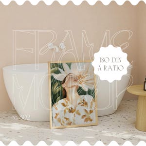 Frame mockup in bathroom scene, Wood frame template with din a ratio, Smart object, Png & Psd interior frame mockup for Photoshop and Canva,