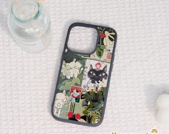 May include: A phone case with a dark gray border and a collage of Japanese-style illustrations. The artwork features cats, flowers, and other whimsical elements in shades of green, white, and red. The case has the text "Wupong Art" in the bottom right corner.