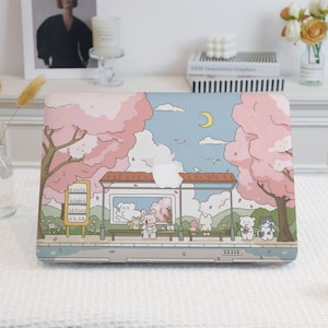 Adorable Pastel-themed Cartoon Animal and Cherry Blossom MacBook Case for MacBook Ret15/13,Air15,MacBook Pro16/15/14/13,Apple Laptop Cover