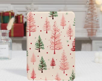 May include: A rectangular case featuring a repeating pattern of Christmas trees in shades of pink, red, and green on a cream background. The trees vary in size and style, with small red dots and stars scattered throughout the design. The case is likely for a phone or tablet.