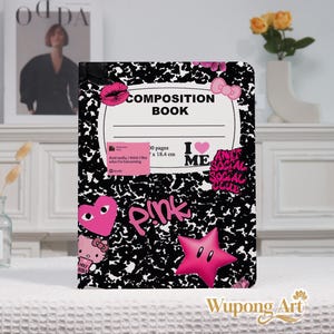 May include: Composition book with a black and white speckled design. The cover features pink accents, including a star, heart, lips, and the word "Pink." It also has the text "Composition Book," "I <3 ME," and a small pink square with text.