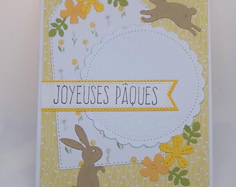 Carte Joyeuses Pâques - unique - fait main - petits lapins - carte fleurie printemps