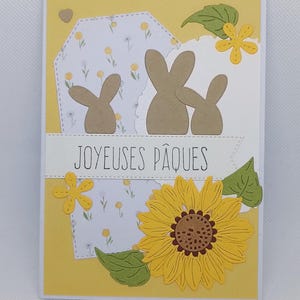 Carte Joyeuses Pâques - unique - fait main - petits lapins - carte fleurie printemps