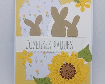 Carte Joyeuses Pâques - unique - fait main - petits lapins - carte fleurie printemps
