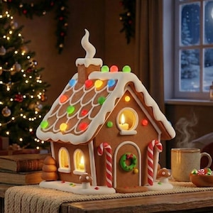 May include: A decorated gingerbread house with colourful lights, candy canes, and a wreath. The house has lit windows and a chimney. A Christmas tree and a mug of coffee create a festive holiday scene.