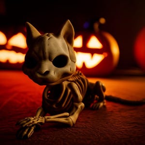 May include: A beige cat skeleton figurine with large black eye sockets, posed on a red surface. Two lit jack-o'-lanterns are in the background, creating a Halloween theme. The cat's rib cage and spine are visible.
