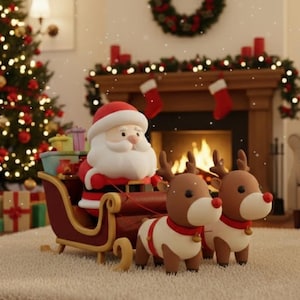 Könnte beinhalten: Festliche Weihnachtsszene mit dem Weihnachtsmann in einem Schlitten, der von zwei Rentieren gezogen wird. Die Szene umfasst einen geschmückten Weihnachtsbaum, einen Kamin und Geschenke.
