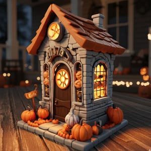 Könnte beinhalten: Ein Miniaturhaus zum Thema Halloween mit einer Steinfassade, einem orangefarbenen Dach und einer Holztür. Das Haus ist mit Kürbissen dekoriert und trägt ein Schild mit der Aufschrift "Bolte". Die Fenster und die Tür strahlen warm.