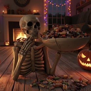 May include: A Halloween-themed scene featuring a skeleton holding a large bowl overflowing with candy. Two carved jack-o'-lanterns flank the skeleton. The setting includes a fireplace, string lights, and a wooden floor, creating a festive atmosphere.