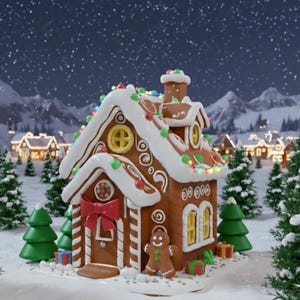 May include: A festive gingerbread house with white icing, colorful lights, and a red bow. The house features a gingerbread man, green trees, and small wrapped gifts. The background shows a snowy village scene with mountains and a starry sky.