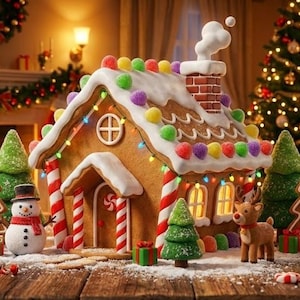 Puede incluir: Una casa de jengibre festiva con coloridas decoraciones de caramelos, rodeada de árboles de Navidad, un muñeco de nieve y un reno. La escena está ambientada sobre una superficie de madera con decoraciones navideñas, creando un ambiente navideño cálido.