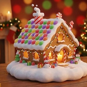 May include: A gingerbread house with a colorful candy roof, white frosting, and lit windows sits on a snowy base. The festive scene includes a Christmas tree, stockings, and a fireplace, creating a warm holiday atmosphere.