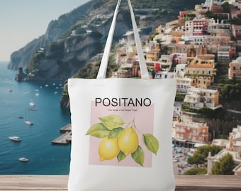 Positano Tote Bag: Amalfi Coast Lemon Design, White Cotton Beach Bag