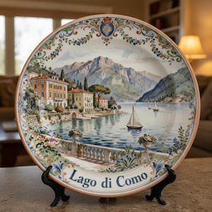 May include: A decorative plate depicting a scenic view of Lake Como, Italy. The plate showcases a detailed painting of buildings, mountains, and sailboats on the water. The border is decorated with floral and scroll patterns, and the words "Lago di Como" are displayed.