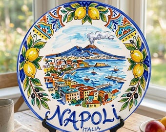 Naples Italy Decorative Wall Art, Ceramic Display Plate Inspired By Napoli Coastline & Mount Vesuvius