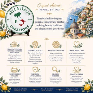 May include: A decorative plate featuring the Bella Italia Creations logo with a map of Italy, surrounded by lemons and flowers. The image includes text detailing manufacturing, design inspiration, quality standards, and sustainable production practices.