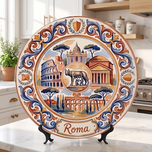 Peut inclure: Une assiette décorative ronde en céramique ornée d'une illustration colorée de monuments romains, dont le Colisée, le Panthéon et la Louve capitoline. La bordure présente des volutes bleues et orange, avec le mot Roma inscrit en bas.