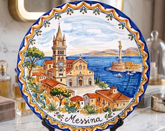 Plato decorativo italiano con motivos del puerto de Messina y la catedral, ideal para decorar paredes en casas costeras.