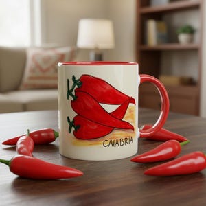 Tazza con peperoncini piccanti della Calabria: tazza da caffè in ceramica colorata