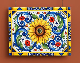 Sunflower Ceramic Tile Art, 6x8 Wall Plaque, Mediterranean Inspired by Italian Majolica Decor