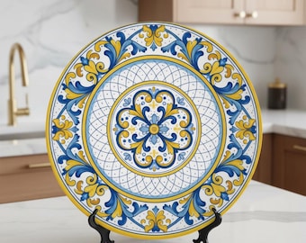 Tuscan Home Decor Inspired by Florence Renaissance Scroll Motif Decorative Plate Including Stand