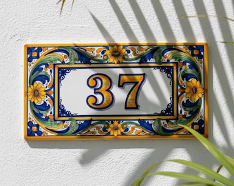 Custom House Number Tile 8x4 Porcelain Address Sign Inspired by Sicily Coast Semi-Gloss