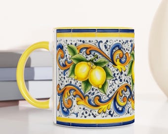 Vibrant Amalfi Inspired Lemon Mug - Italian Tile Design Ceramic Coffee Cup